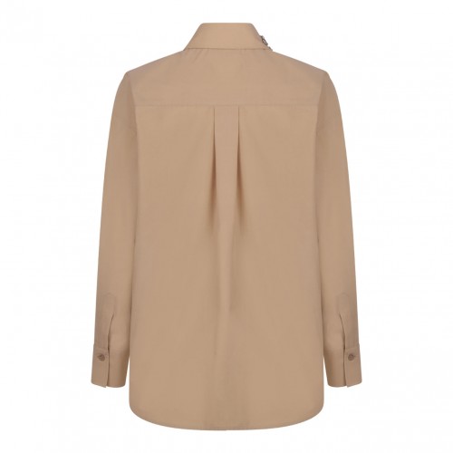 Beige Long Poplin Shirt With Crystal Embellished