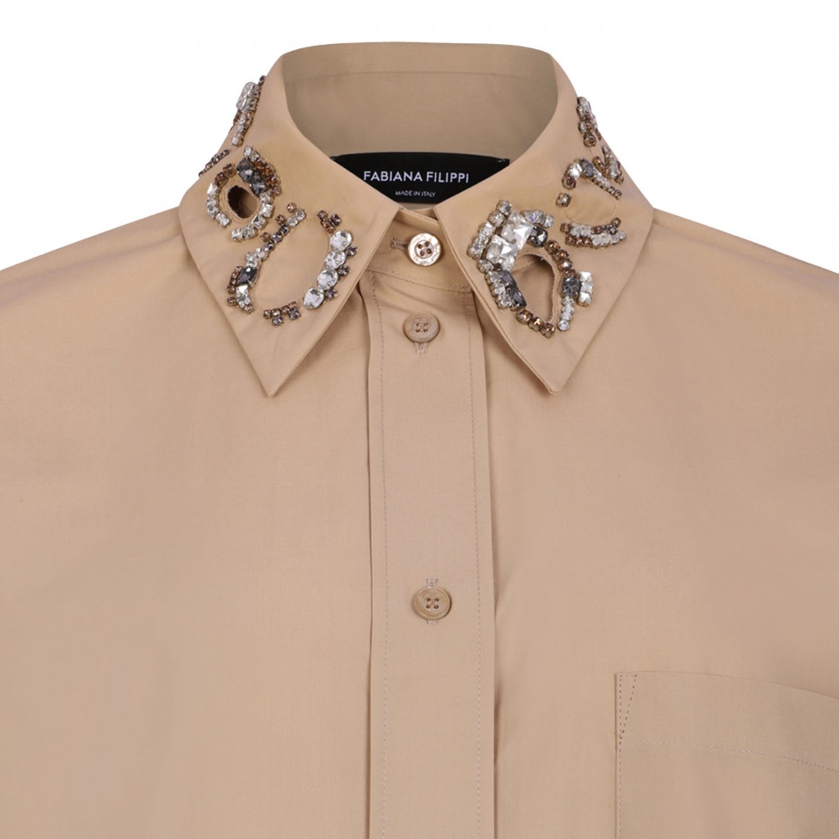 Beige Long Poplin Shirt With Crystal Embellished