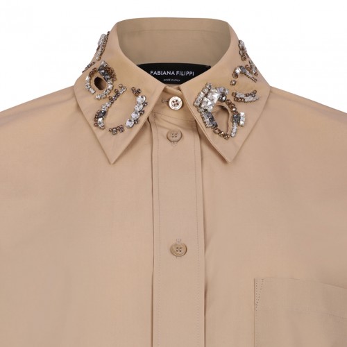Beige Long Poplin Shirt With Crystal Embellished