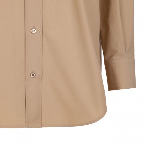 Beige Long Poplin Shirt With Crystal Embellished