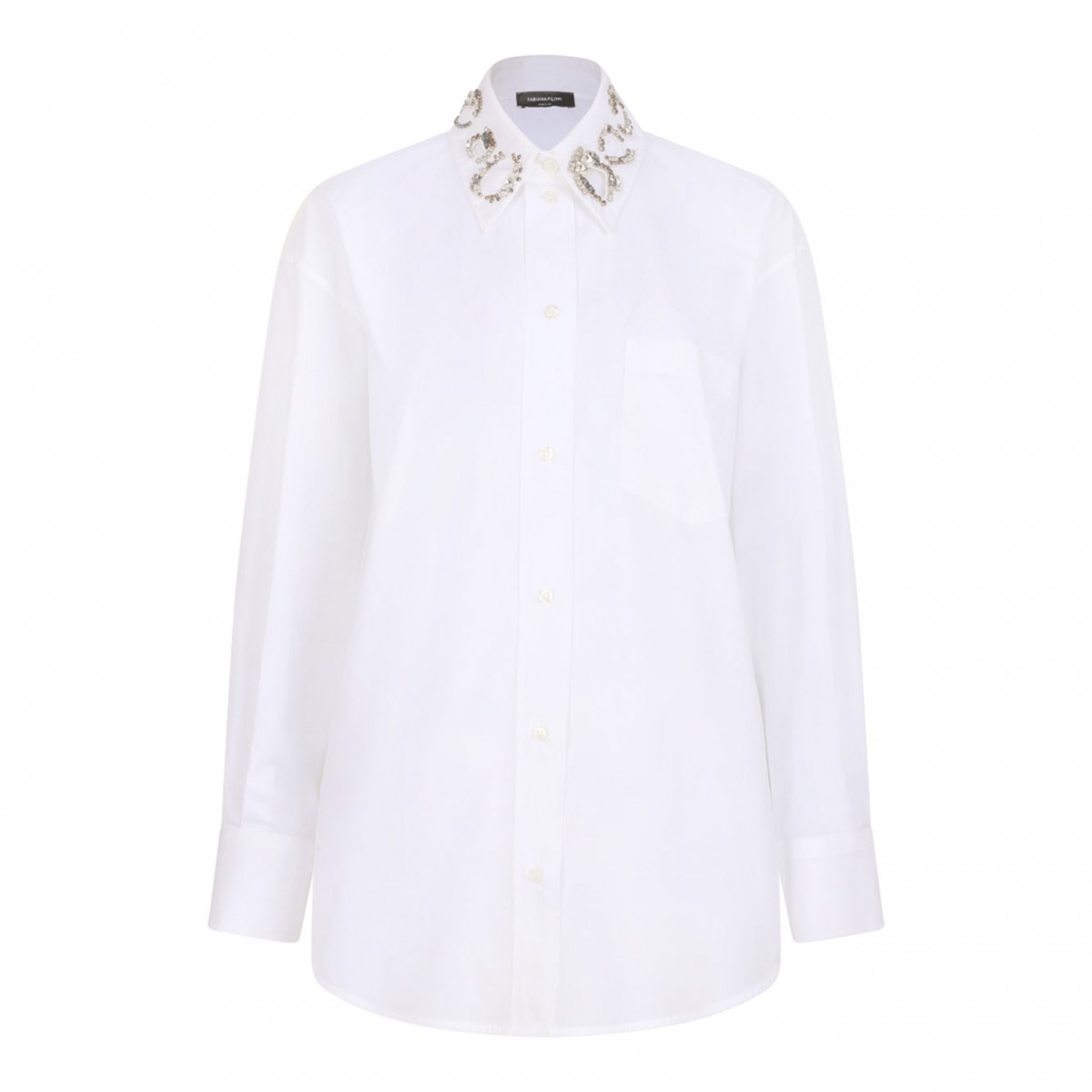 White Long Poplin Shirt With Crystal Embellished