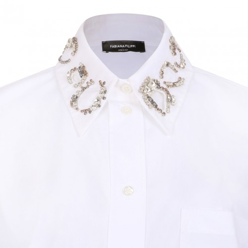 White Long Poplin Shirt With Crystal Embellished