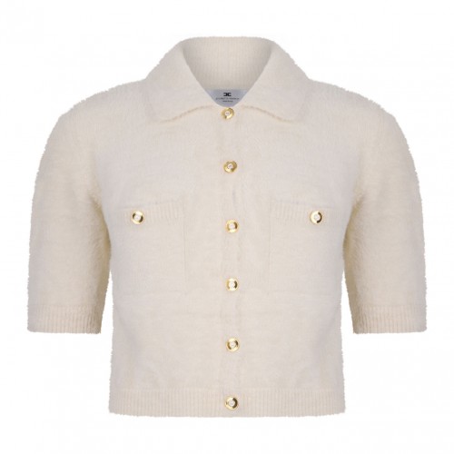 White Classic Collar Sweater With Front Pockets