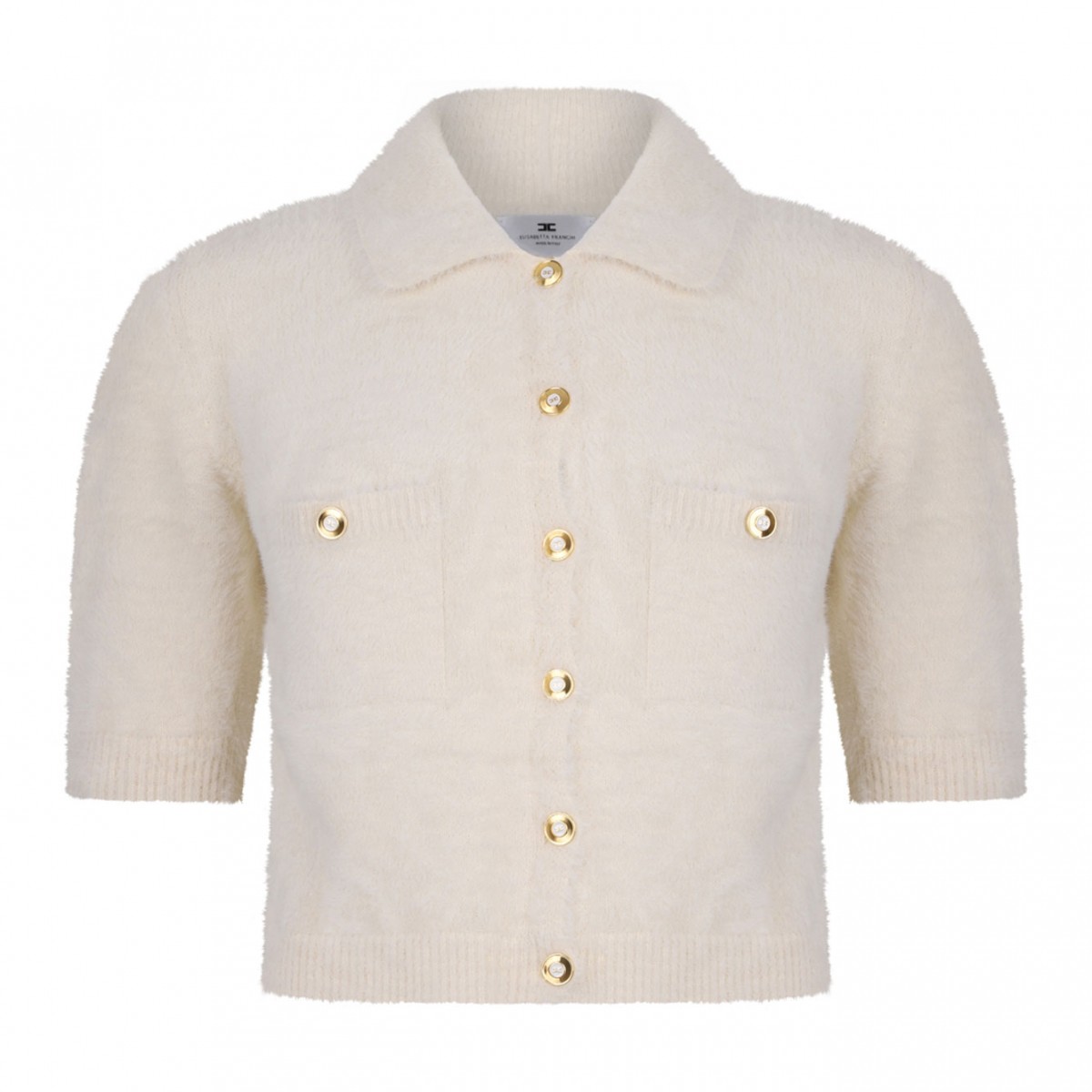 White Classic Collar Sweater With Front Pockets