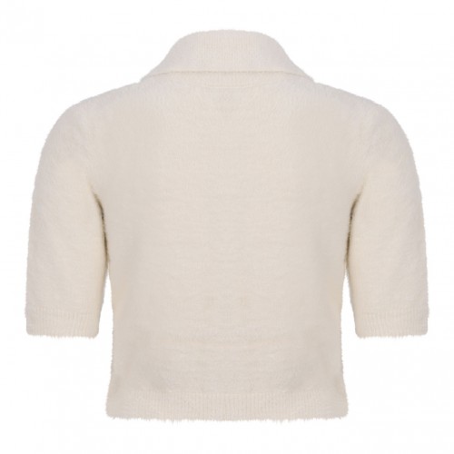 White Classic Collar Sweater With Front Pockets