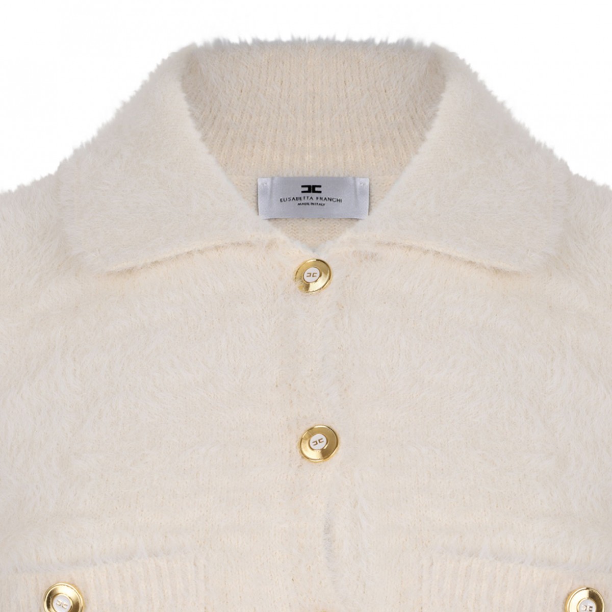 White Classic Collar Sweater With Front Pockets