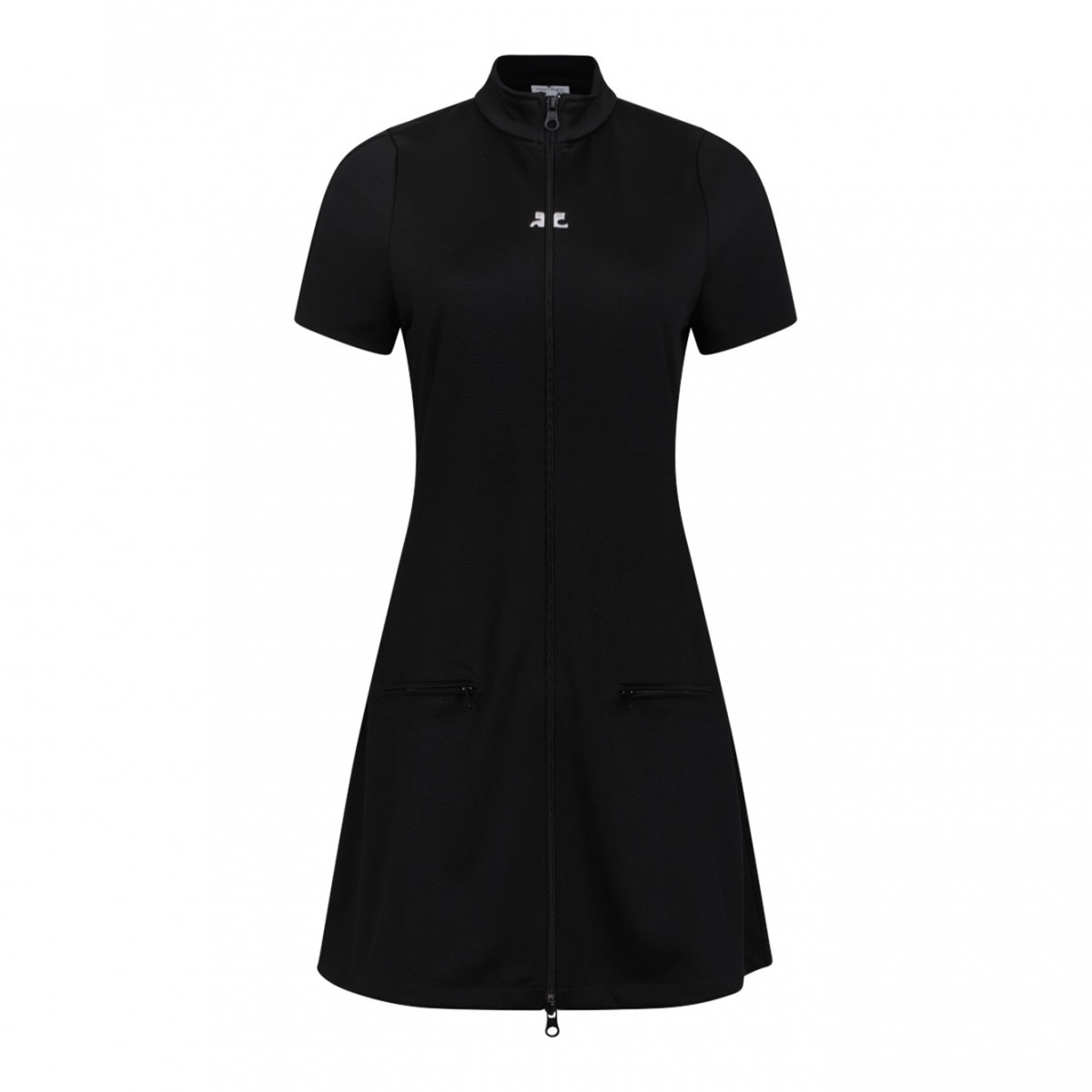 Black Zip Front Short Sleeve Dress