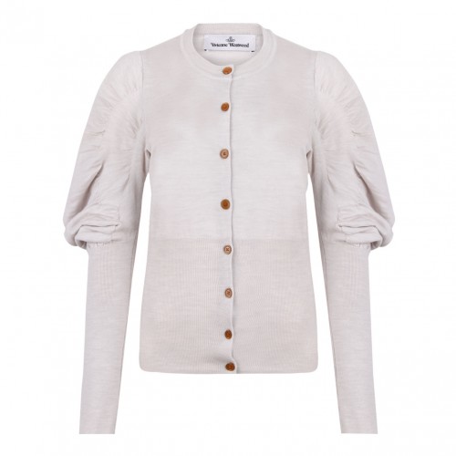 Grey Melange Puff Sleeve Buttoned Cardigan