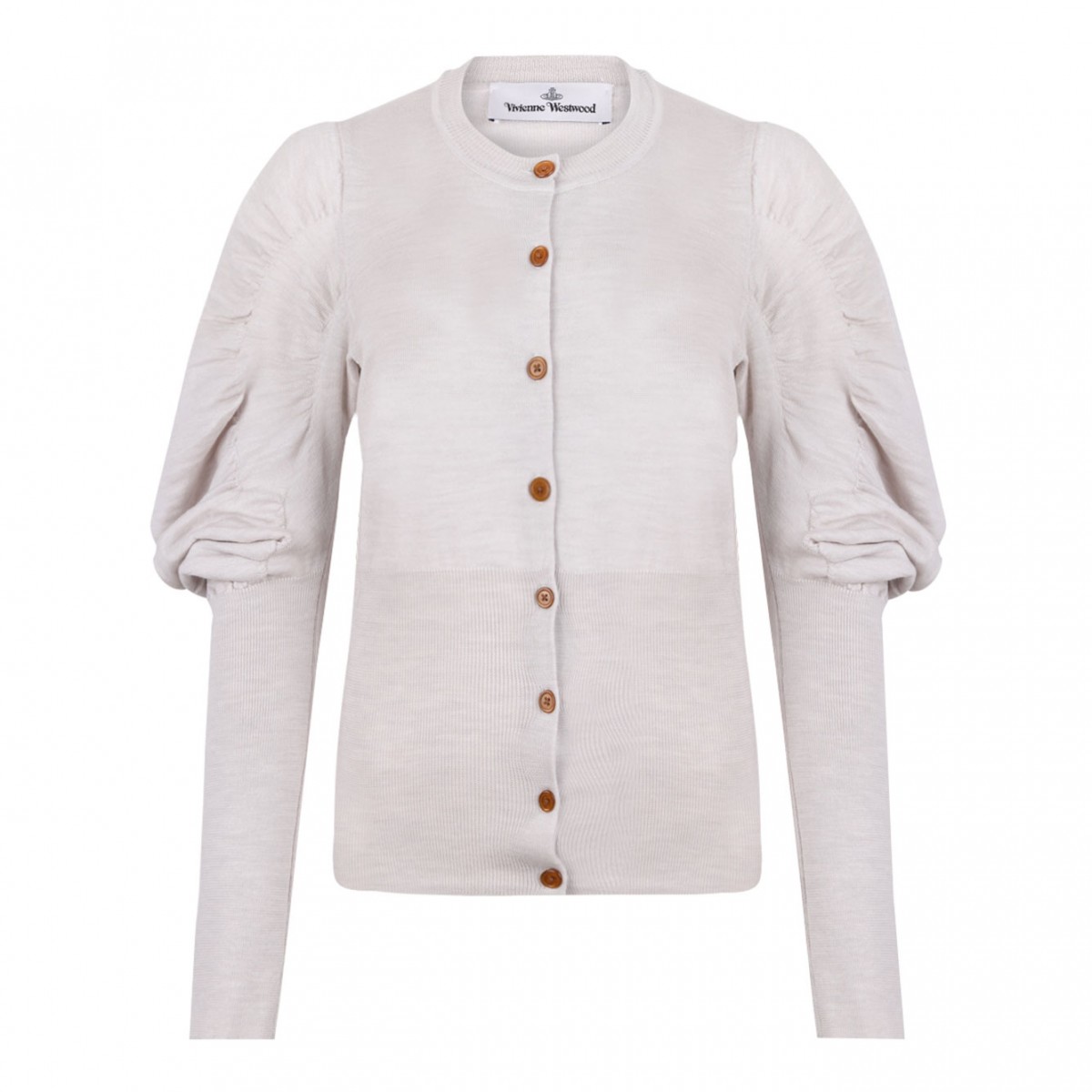 Grey Melange Puff Sleeve Buttoned Cardigan