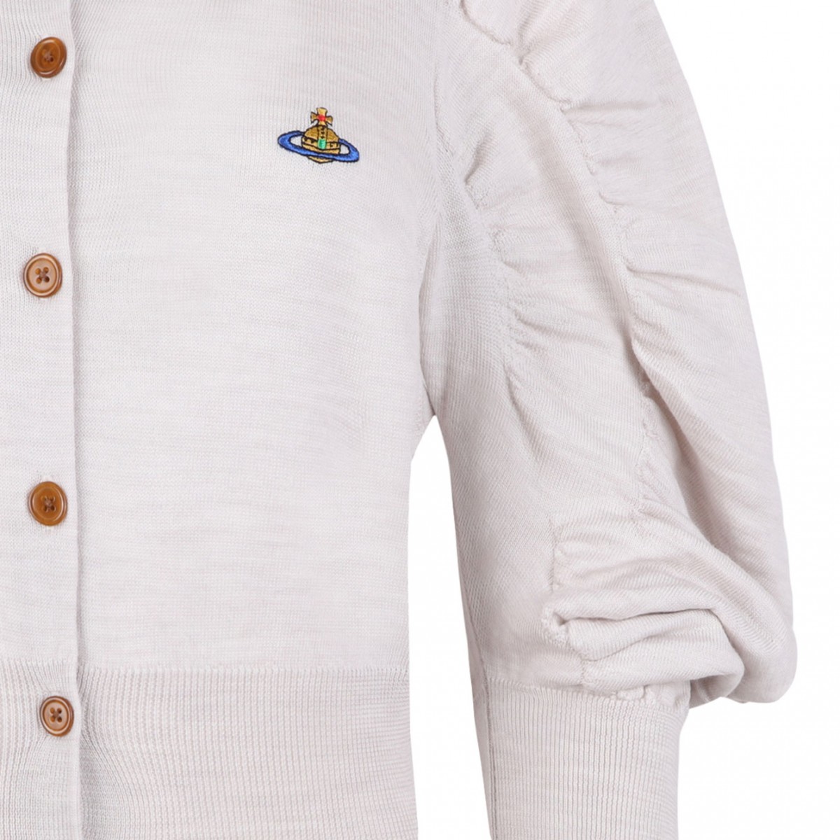 Grey Melange Puff Sleeve Buttoned Cardigan