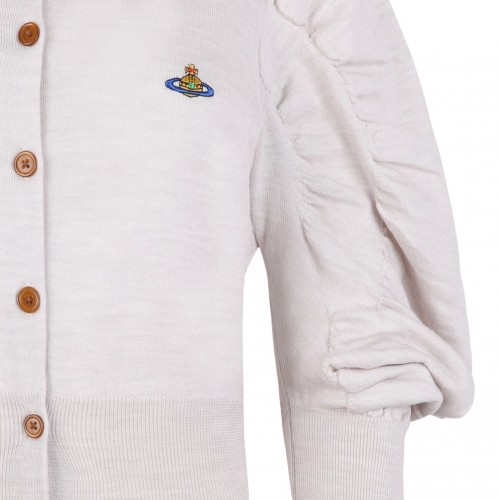 Grey Melange Puff Sleeve Buttoned Cardigan