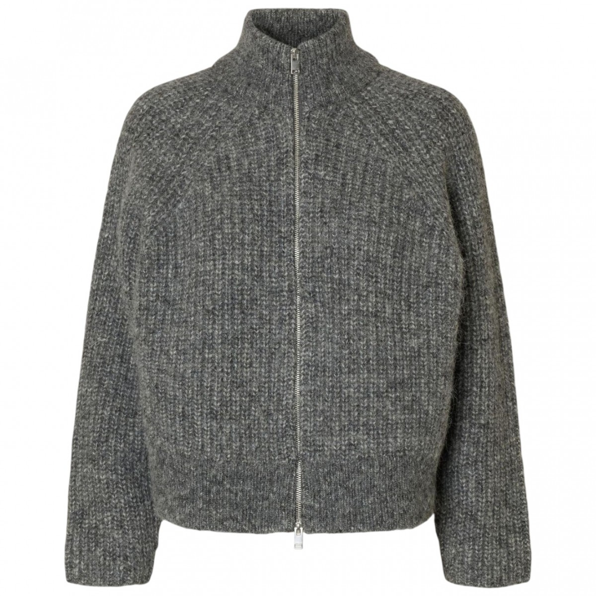 Medium Grey Melange Cardigan With Front Zip