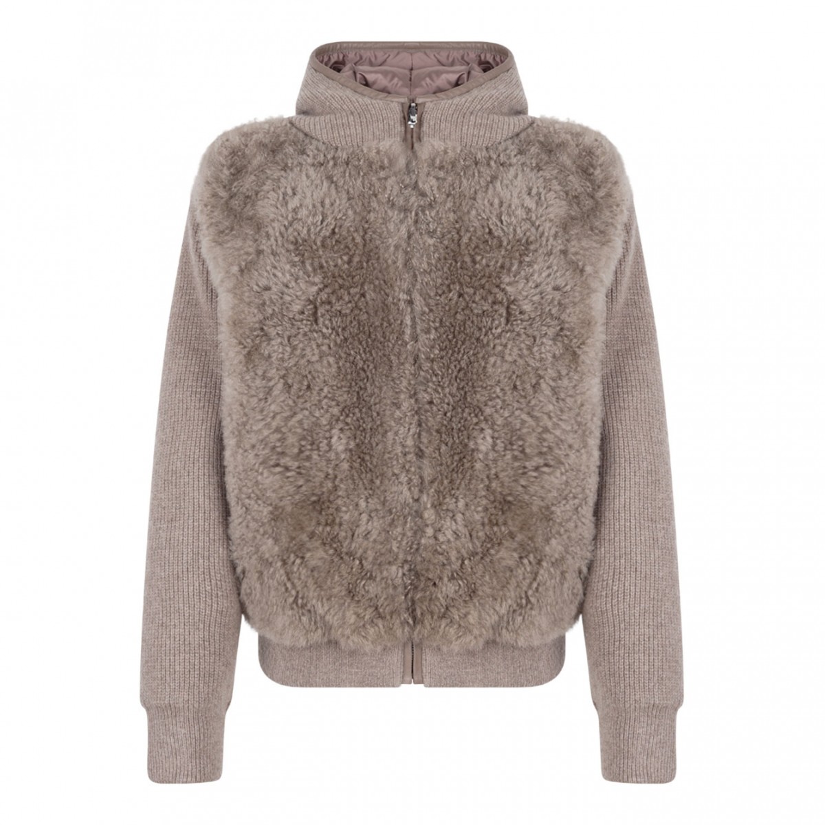 Beige Shearling and Knit Double Face Jacket