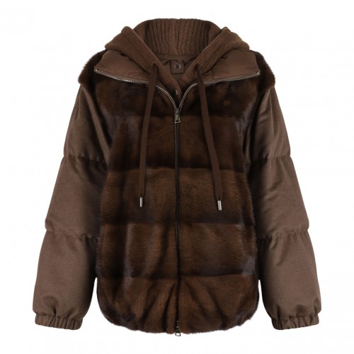 Brown Cashmere and Mink Fur Jacket with Adjustable Hood