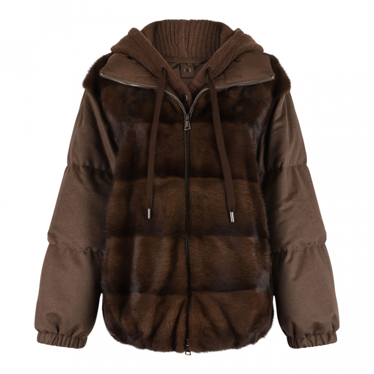 Brown Cashmere and Mink Fur Jacket with Adjustable Hood