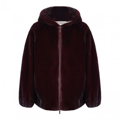Bordeaux Mink Fur Coat with Hood