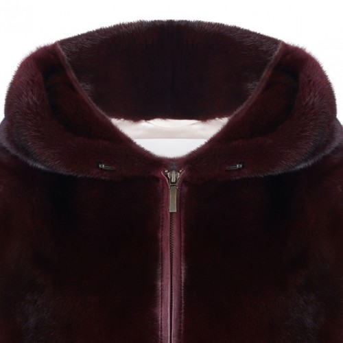 Bordeaux Mink Fur Coat with Hood