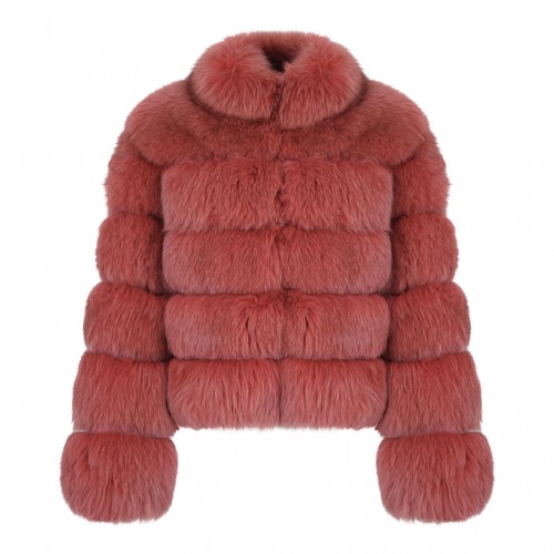 Light Red Fox Fur Coat with Hood and High Collar