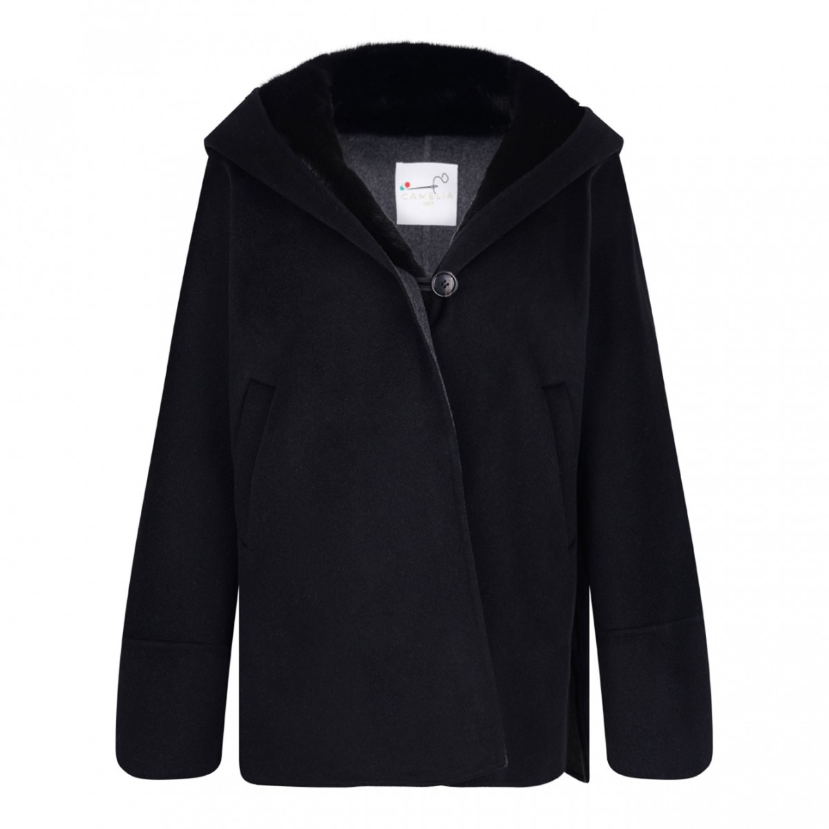 Black Mink and Cashmere Jacket with Hood and V-Neck