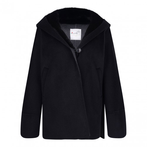 Black Mink and Cashmere Jacket with Hood and V-Neck