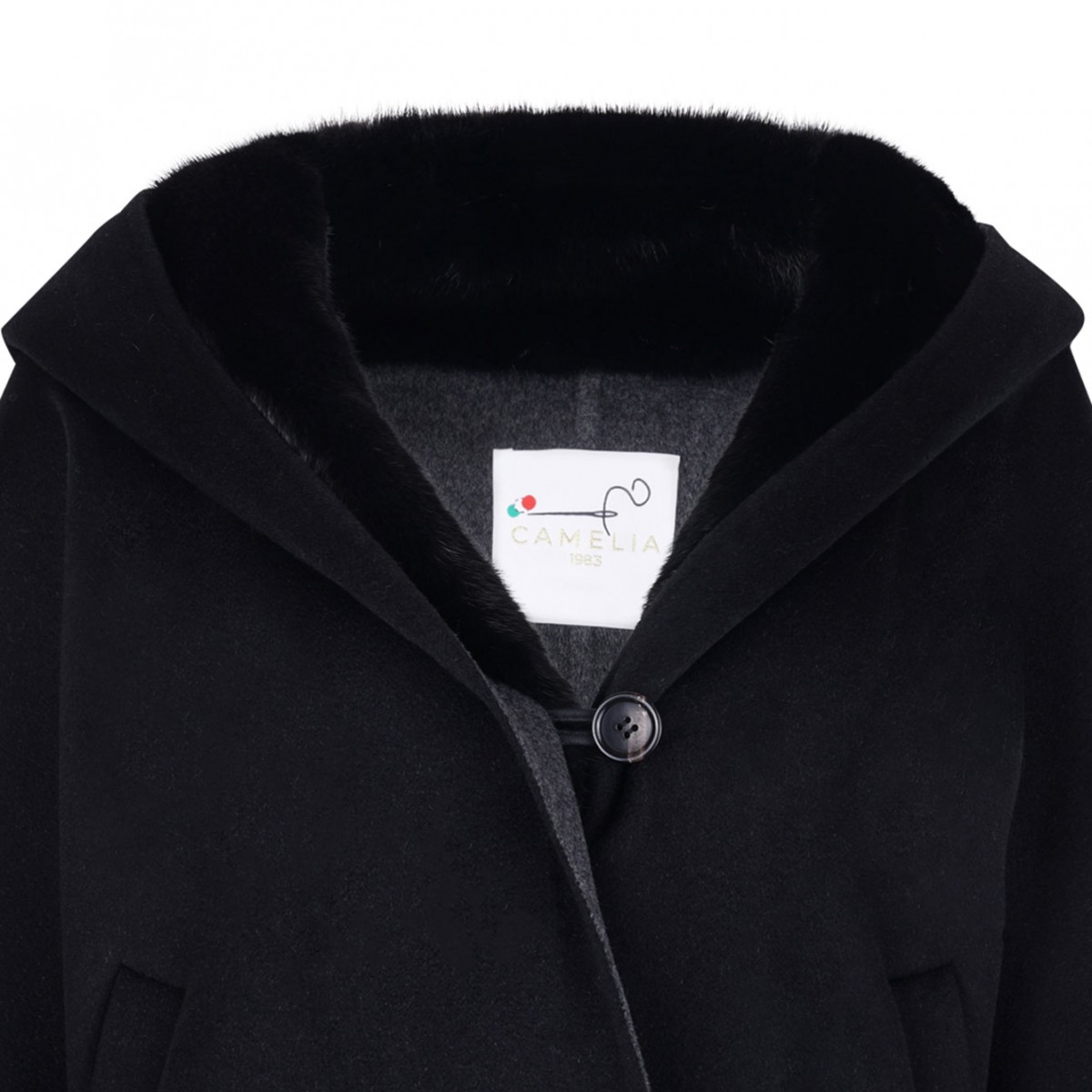 Black Mink and Cashmere Jacket with Hood and V-Neck