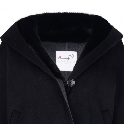 Black Mink and Cashmere Jacket with Hood and V-Neck