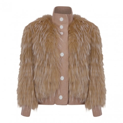 Sand Raccoon Fur Bomber Jacket with High Collar