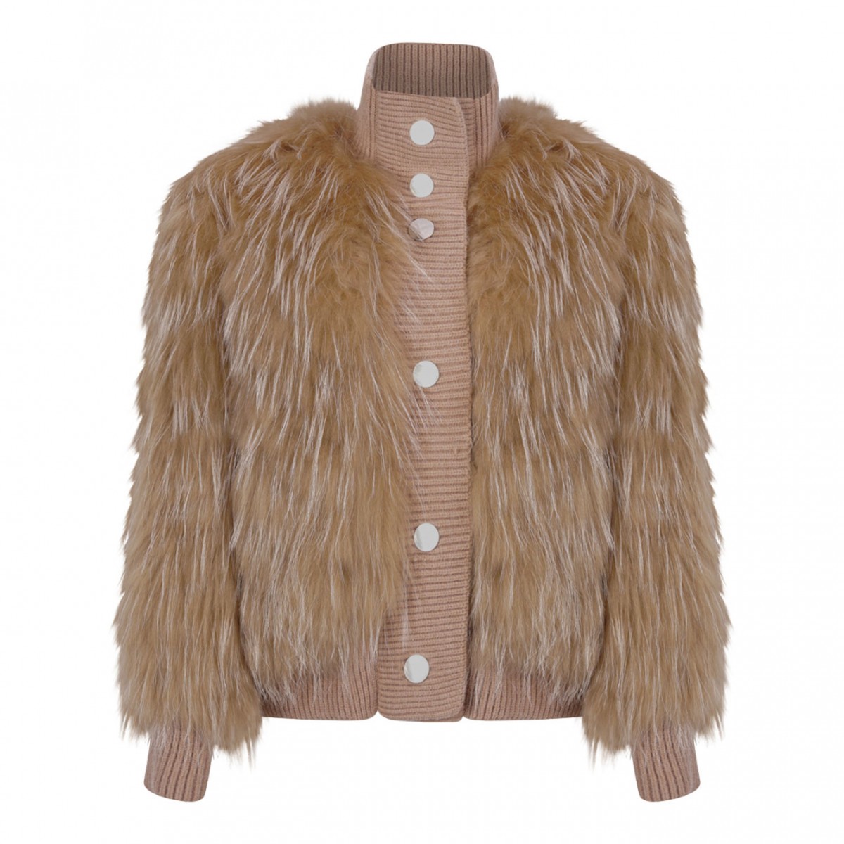 Sand Raccoon Fur Bomber Jacket with High Collar