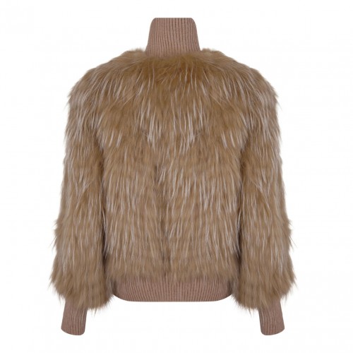 Sand Raccoon Fur Bomber Jacket with High Collar