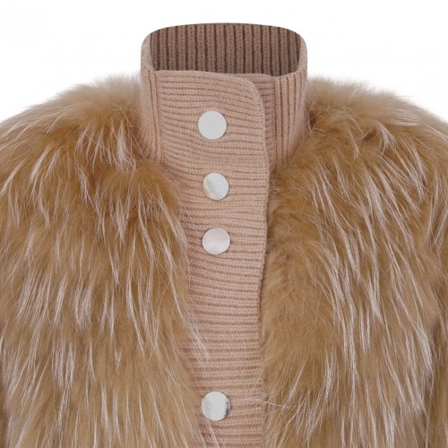 Sand Raccoon Fur Bomber Jacket with High Collar