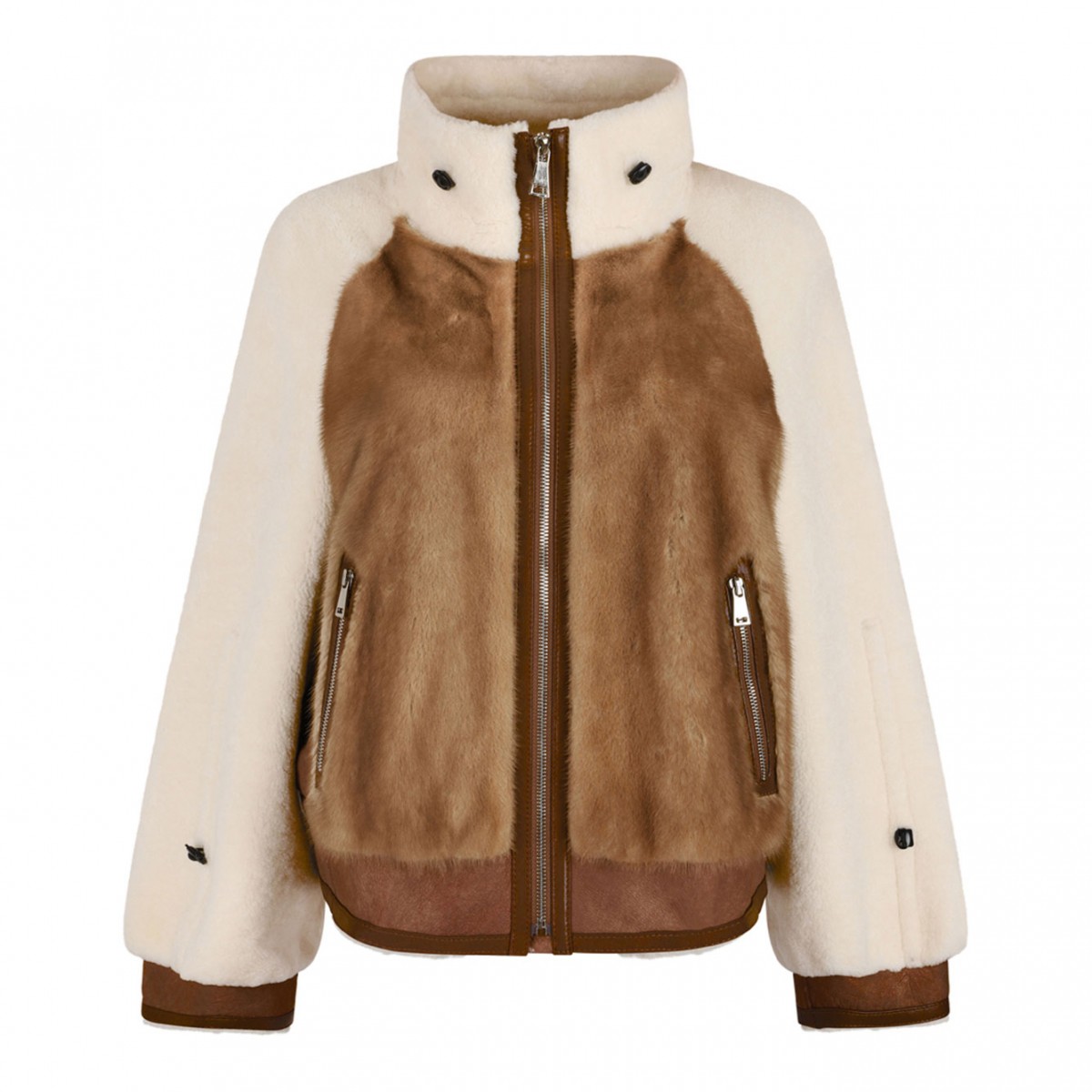 Beige Shearling Sheepskin Jacket with High Collar