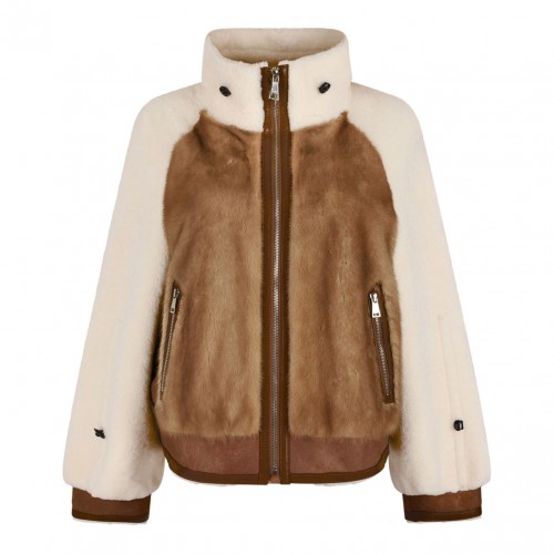 Beige Shearling Sheepskin Jacket with High Collar