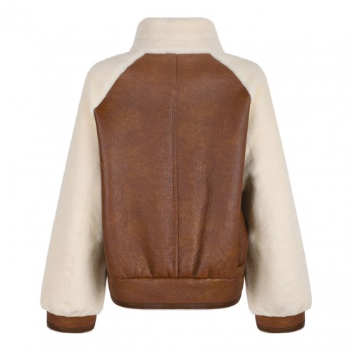 Beige Shearling Sheepskin Jacket with High Collar