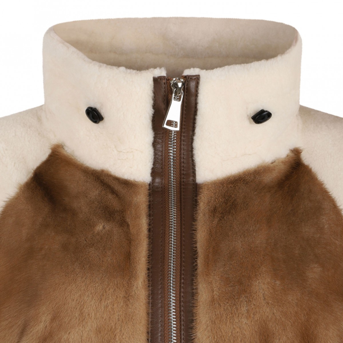 Beige Shearling Sheepskin Jacket with High Collar