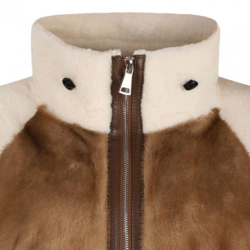 Beige Shearling Sheepskin Jacket with High Collar