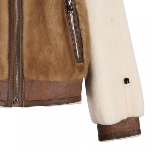 Beige Shearling Sheepskin Jacket with High Collar