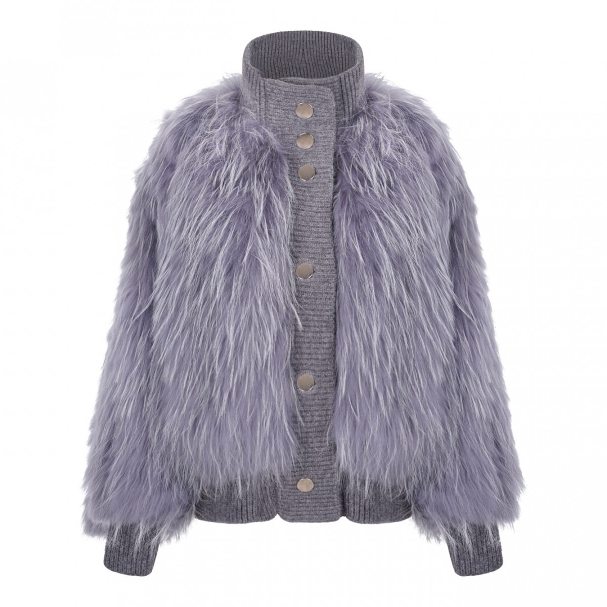 Grey Raccoon Fur Bomber Jacket with High Collar
