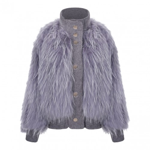 Grey Raccoon Fur Bomber Jacket with High Collar