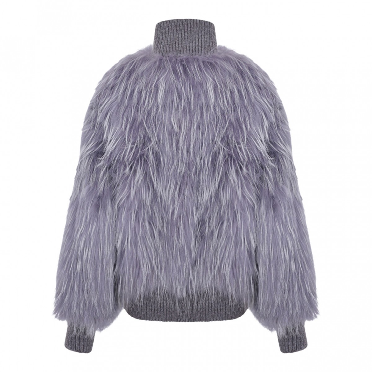 Grey Raccoon Fur Bomber Jacket with High Collar