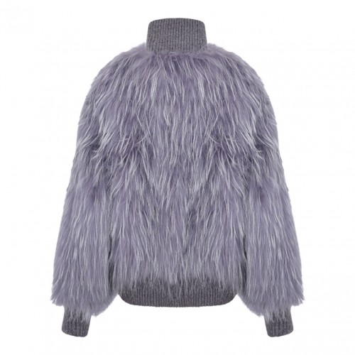 Grey Raccoon Fur Bomber Jacket with High Collar
