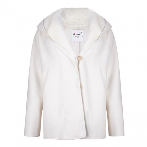 White Mink and Cashmere Jacket with Hood and V-Neck