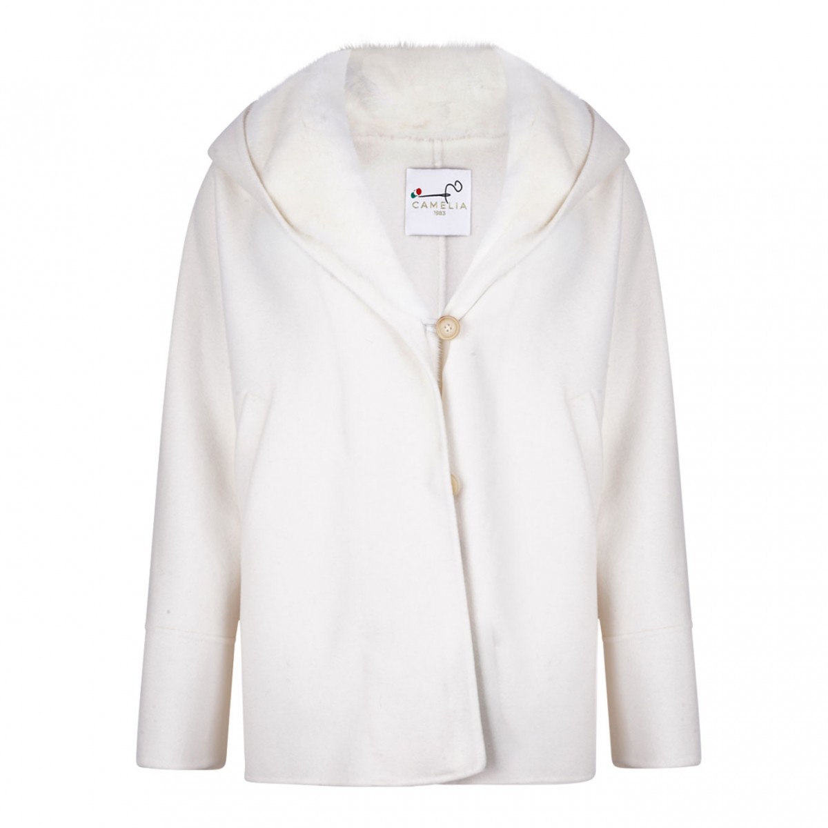 White Mink and Cashmere Jacket with Hood and V-Neck