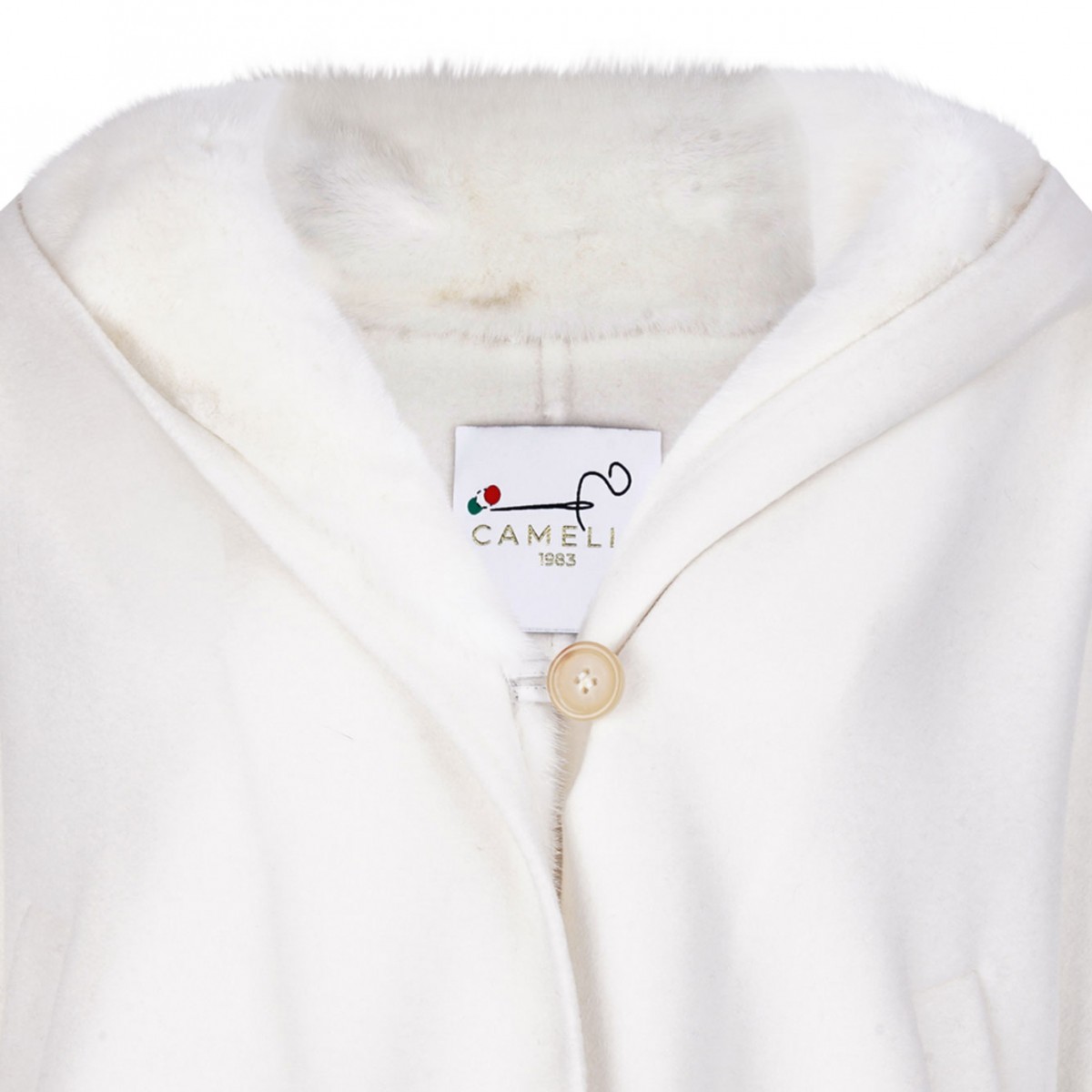 White Mink and Cashmere Jacket with Hood and V-Neck