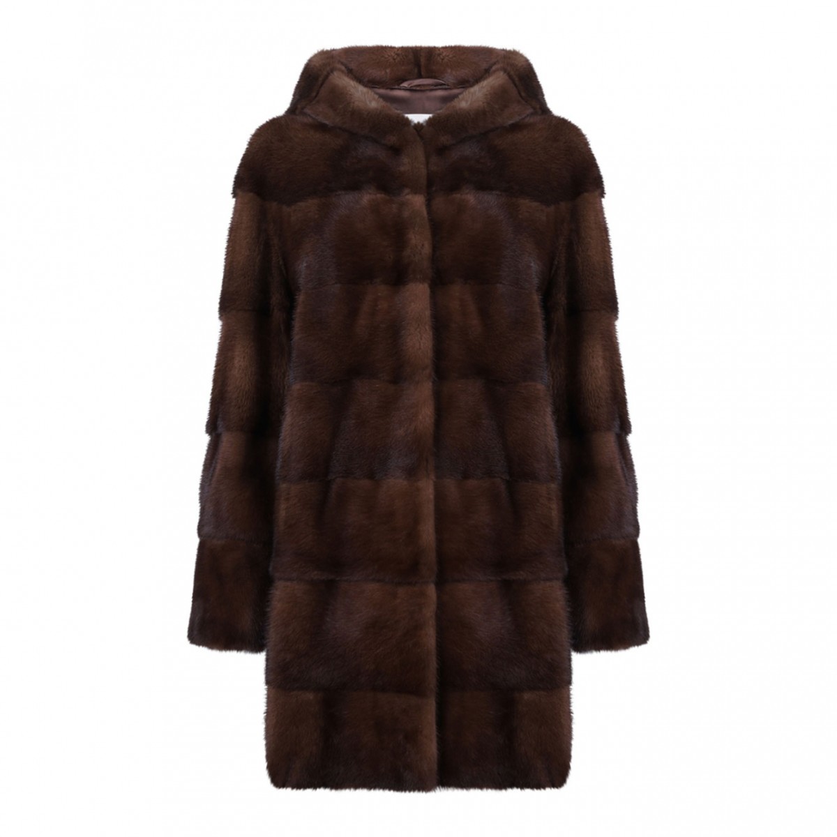 Brown Mink Fur Midi Coat with Hood