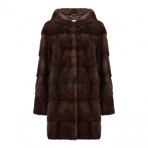 Brown Mink Fur Midi Coat with Hood