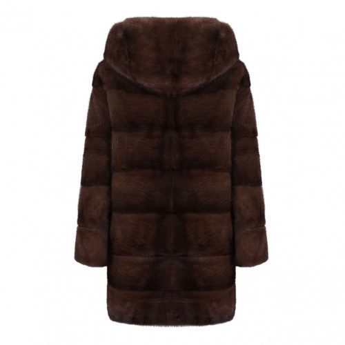 Brown Mink Fur Midi Coat with Hood