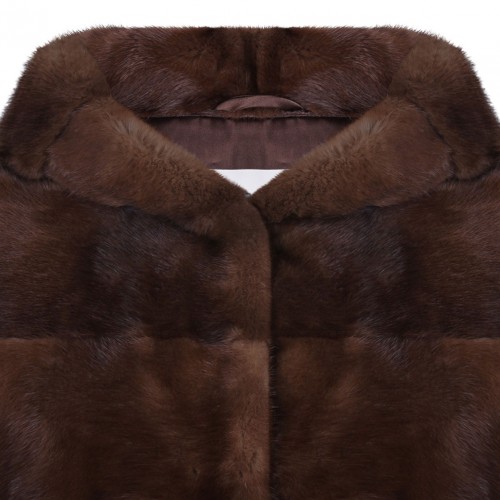 Brown Mink Fur Midi Coat with Hood