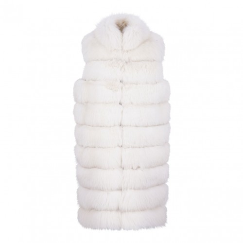 White Fox Fur Long Vest with High Collar
