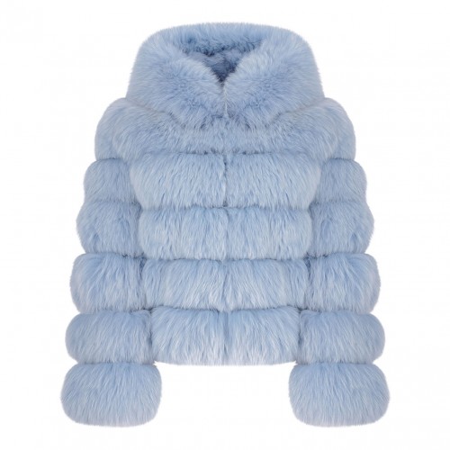 Light Blue Fox Fur Coat with Hood and High Collar