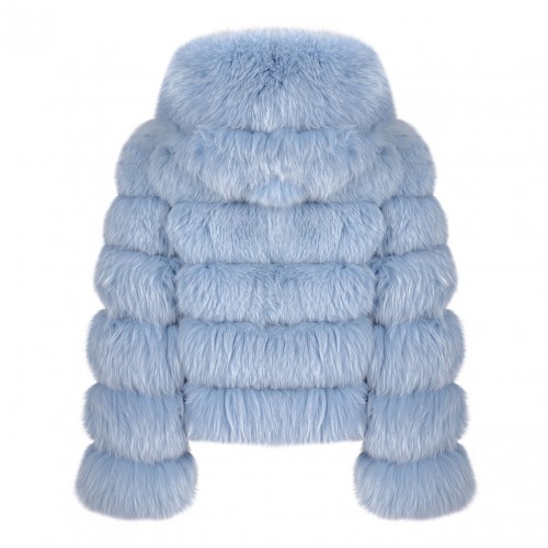 Light Blue Fox Fur Coat with Hood and High Collar